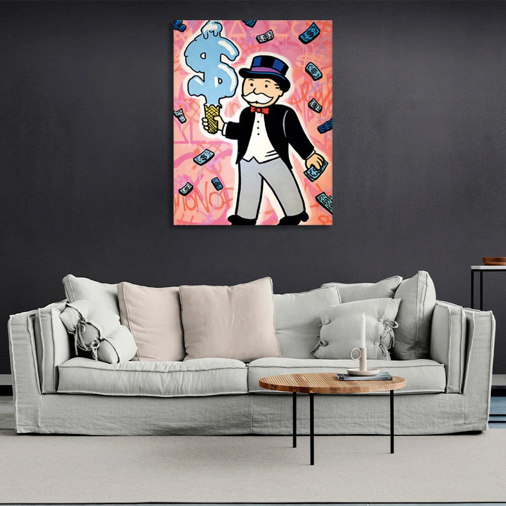 Alec Monopoly mit Eis in Form eines Dollarzeichens, Kunstdruck auf Leinwand
