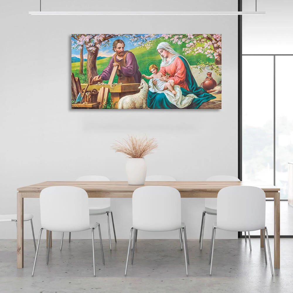 Eine Ikone, die die Heilige Familie darstellt. Reproduktion auf Leinwand, Kunstdruck