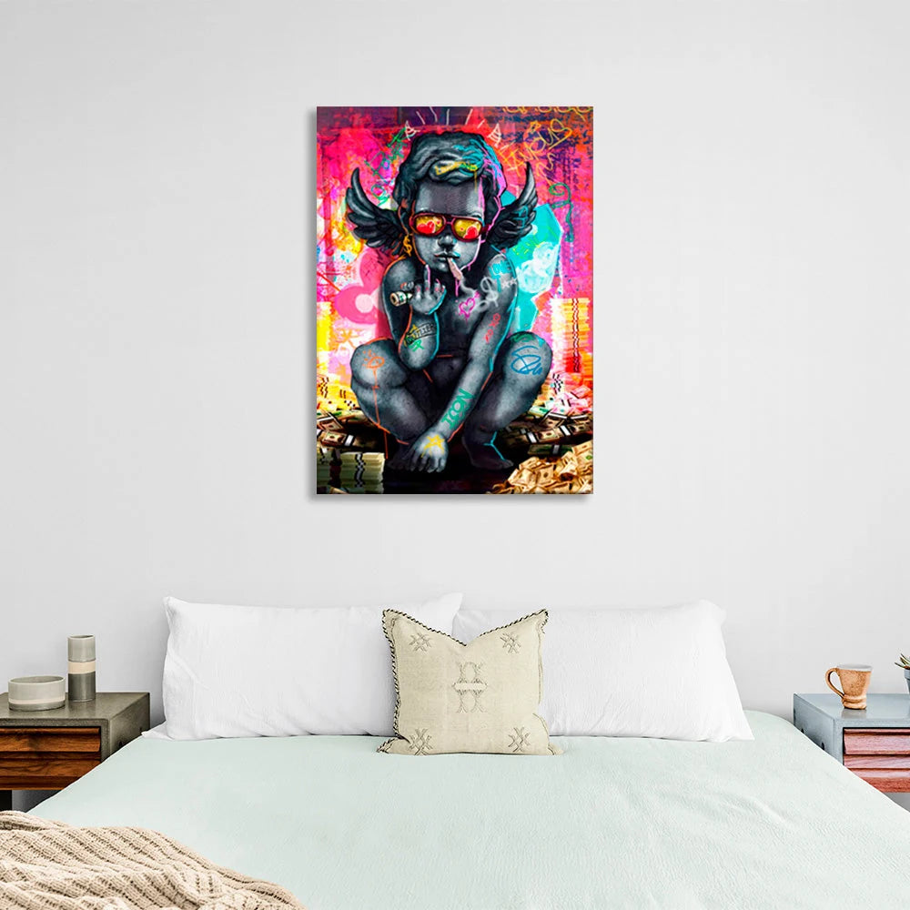 Engel Baby in der Nähe eines Haufens Geld inspirierende Leinwand Wand Kunstdruck