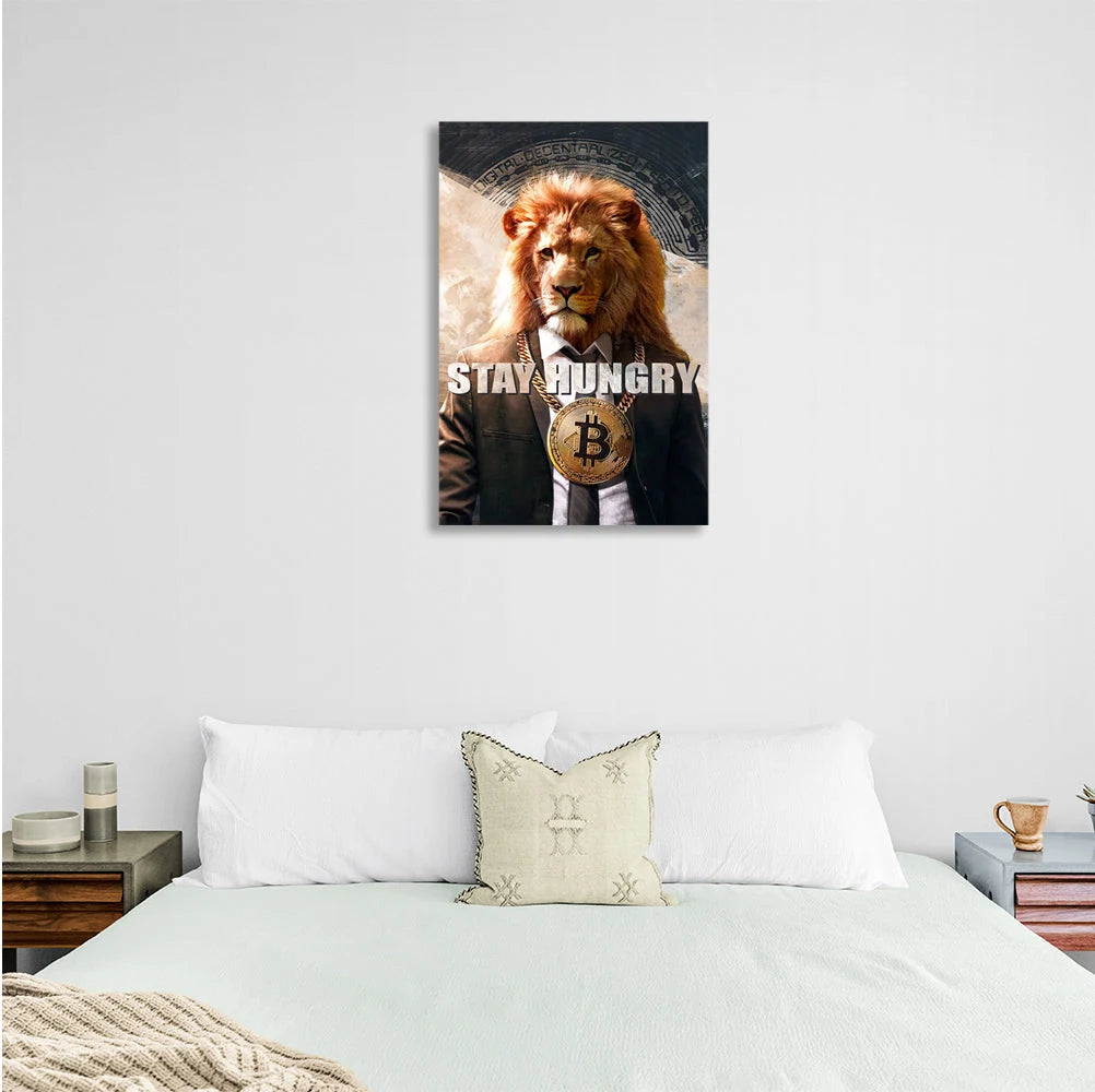 Bitcoin Lion Stay Hungry Motivierender Leinwand-Kunstdruck
