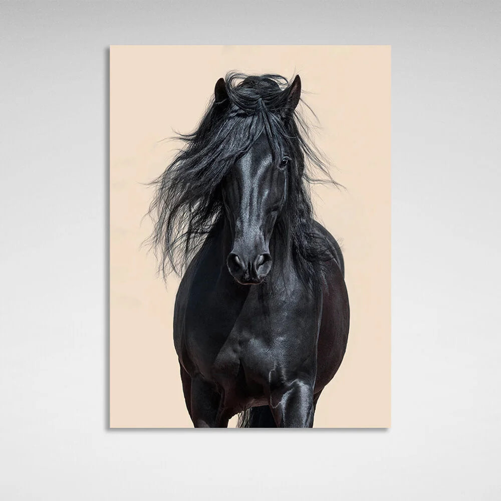 Black horse on beige background Canvas Wall Art Print