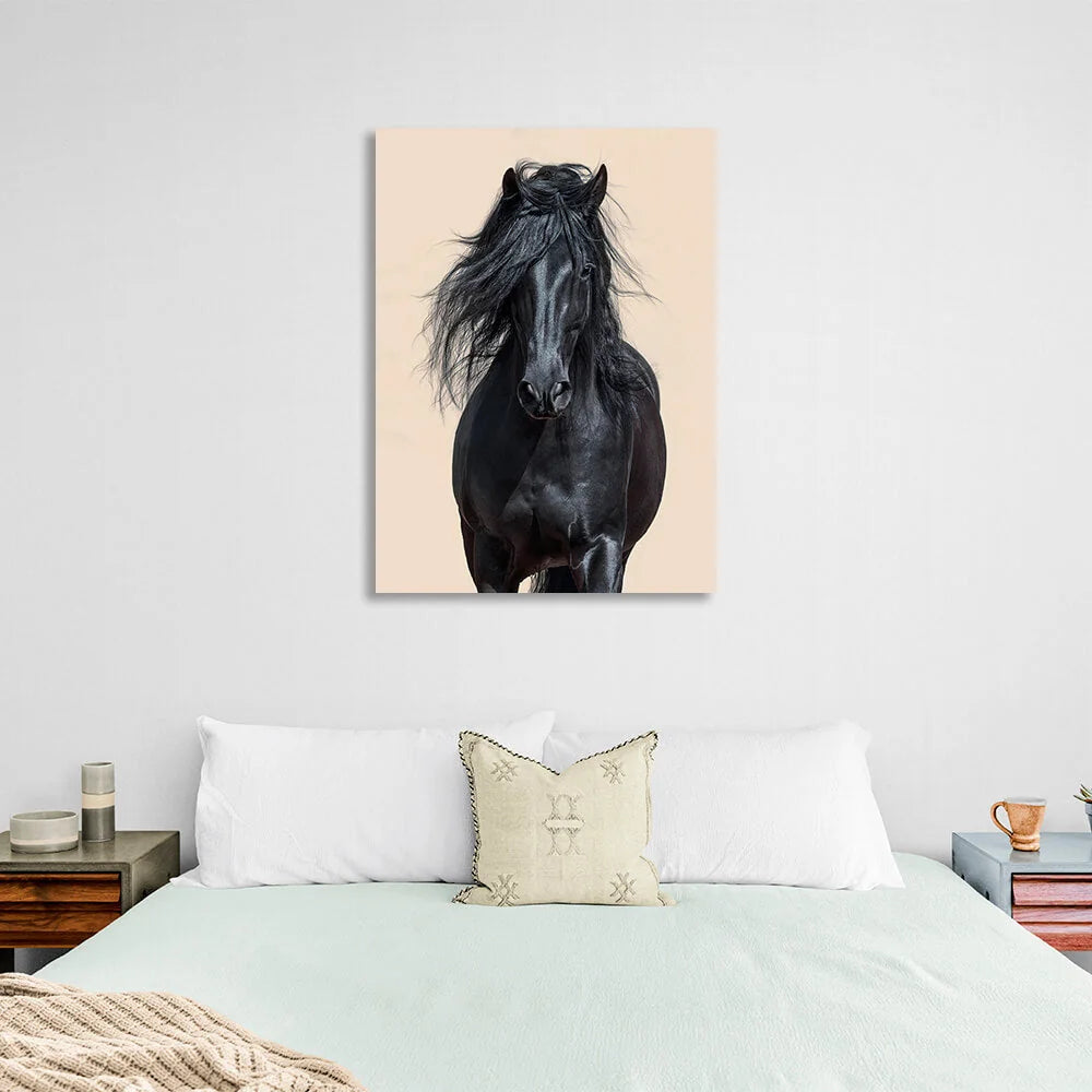 Black horse on beige background Canvas Wall Art Print