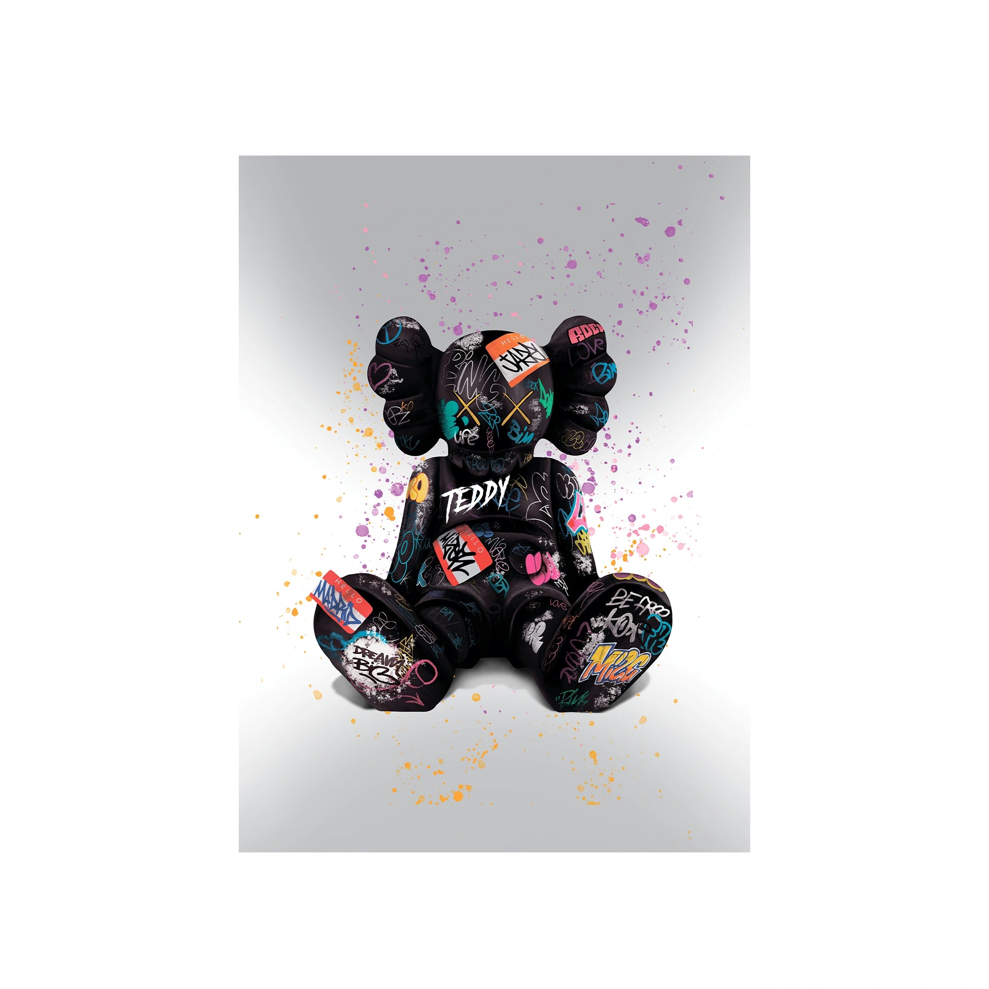 Schwarze Puppe auf grauem Hintergrund mit farbigen Flecken CANVAS Wand Kunstdruck