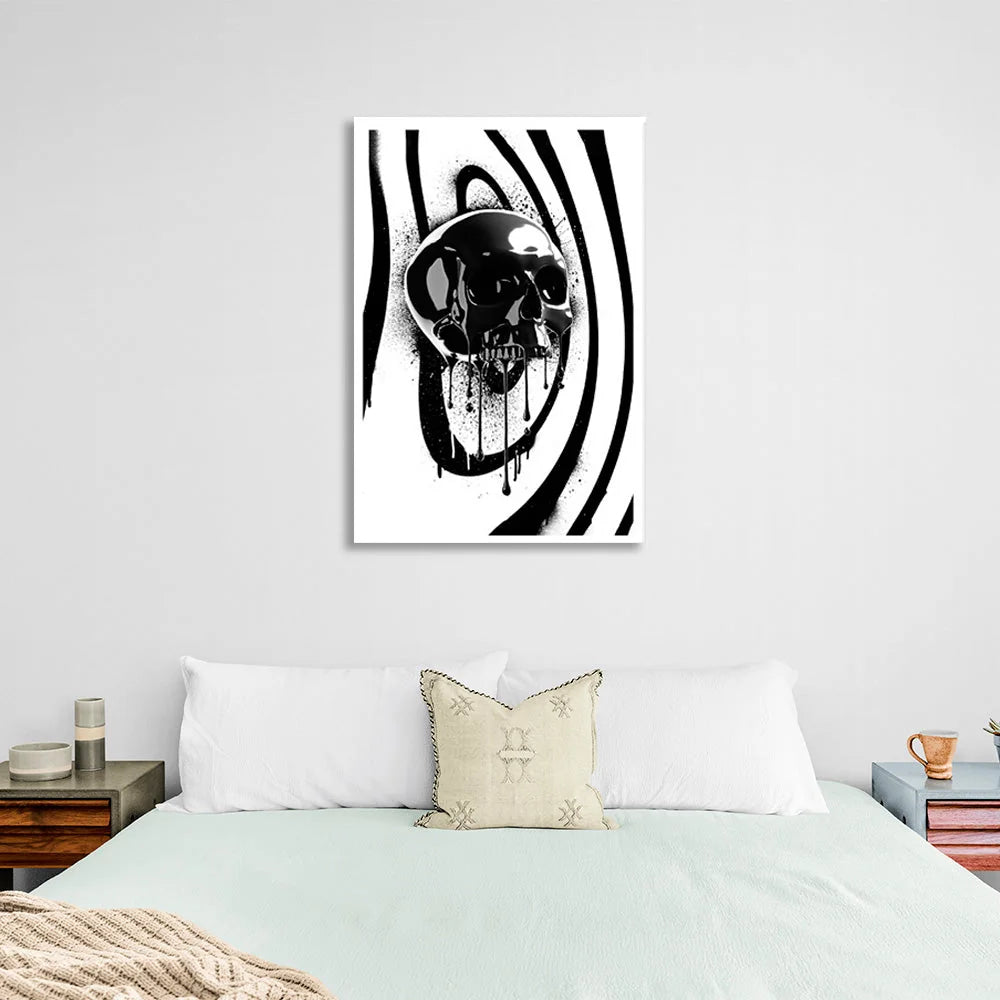 Kunstdruck auf Leinwand, Motiv: schwarzer Totenkopf auf schwarz-weißem Hintergrund