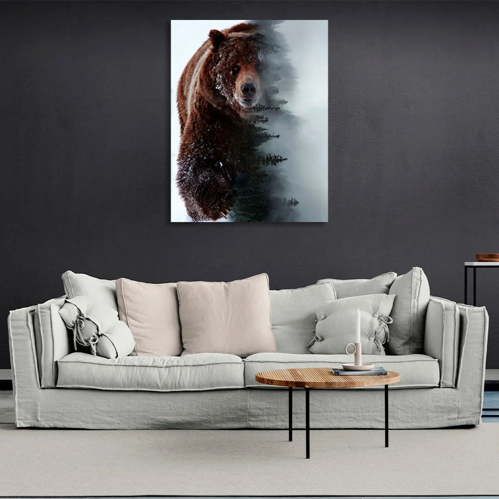 Kunstdruck auf Leinwand, Motiv: Braunbär und Wald