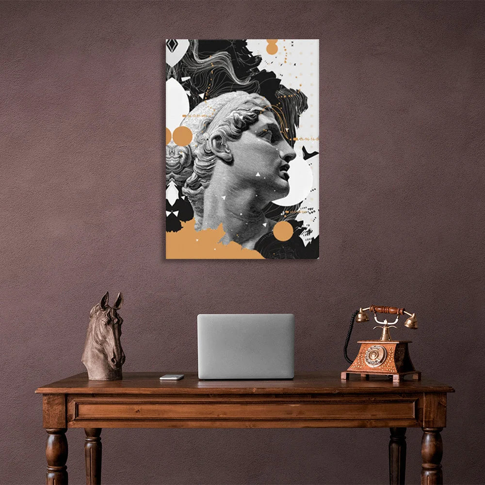 Bust sculpture on a black and white and brown background Canvas Wall Art Print