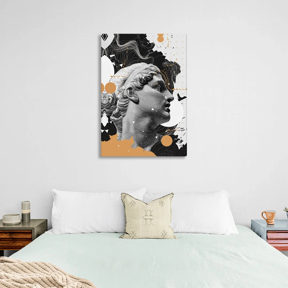 Bust sculpture on a black and white and brown background Canvas Wall Art Print
