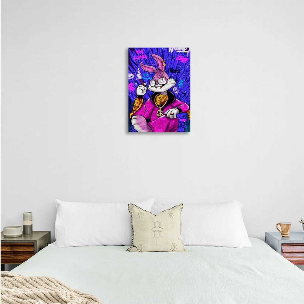 Bugs Bunny im Dollarstuhl, blau, Kunstdruck auf Leinwand