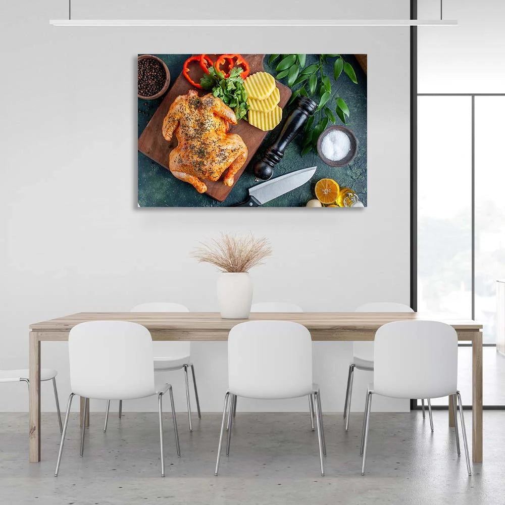 Leinwandbild, Wandbild für die Küche, gegrilltes Hähnchen mit Gemüse auf einem Brett, horizontal