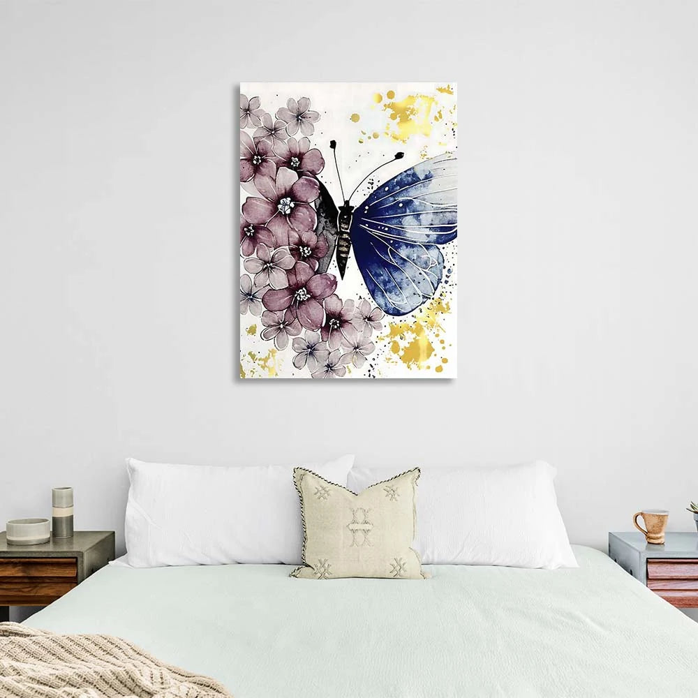 Kunstdruck auf Leinwand, goldener Aquarell-Schmetterling auf einem Blumenfeld