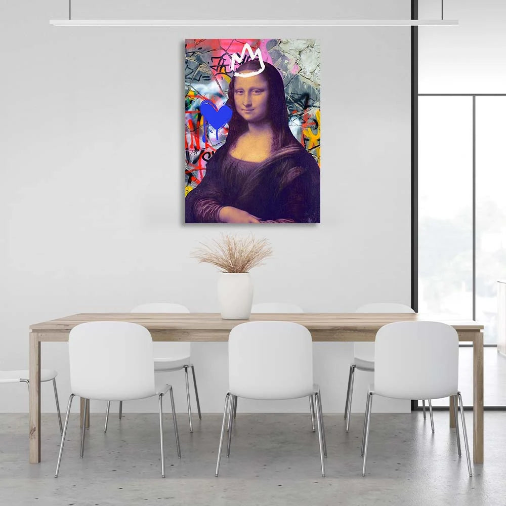 Kunstdruck auf Leinwand, Mona Lisa auf dem Hintergrund einer rissigen Wand in Garffiti