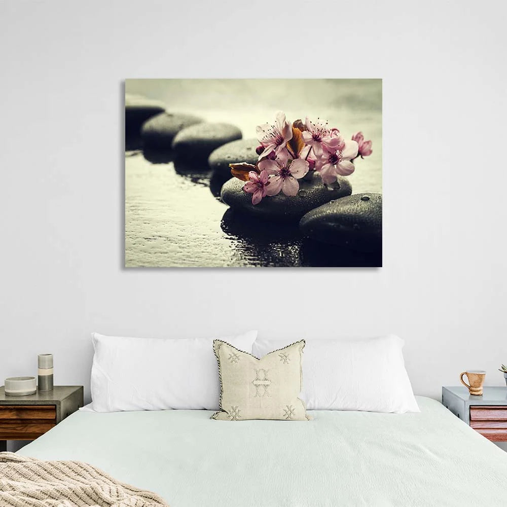 Leinwandbild, Wandbild, Sakura-Blumen auf Steinen