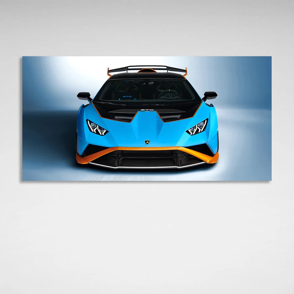 Auto Lamborghini Huracan STO blau mit orangefarbenem Leinwand-Kunstdruck