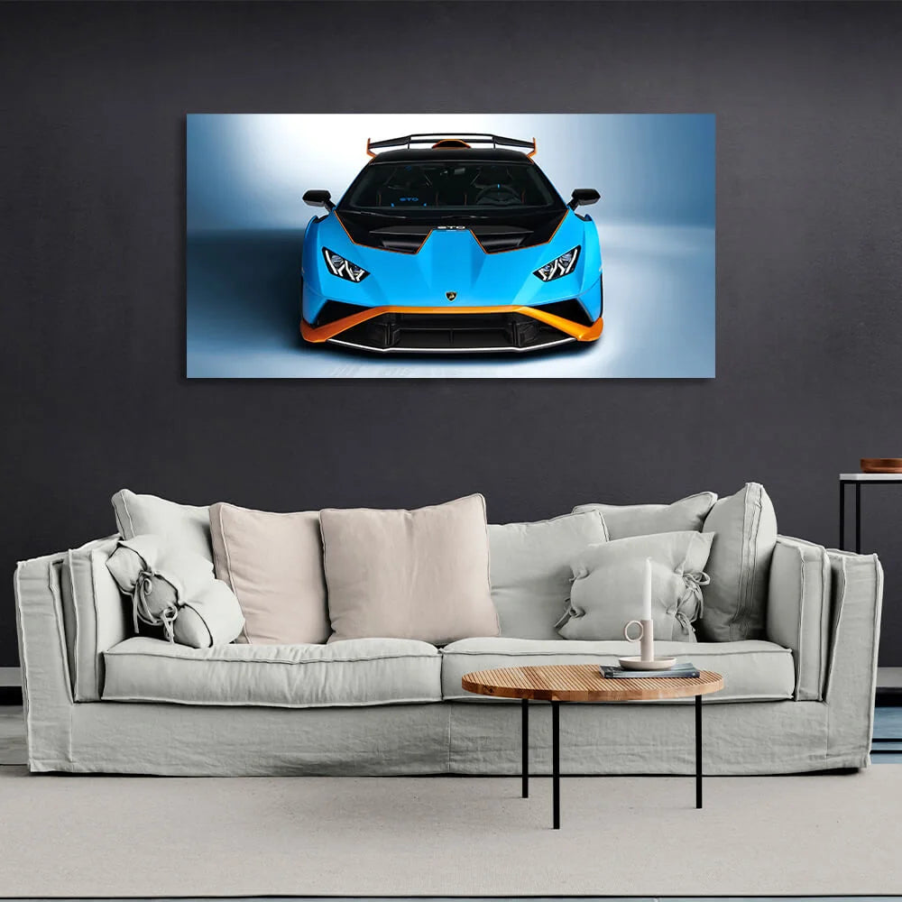 Auto Lamborghini Huracan STO blau mit orangefarbenem Leinwand-Kunstdruck