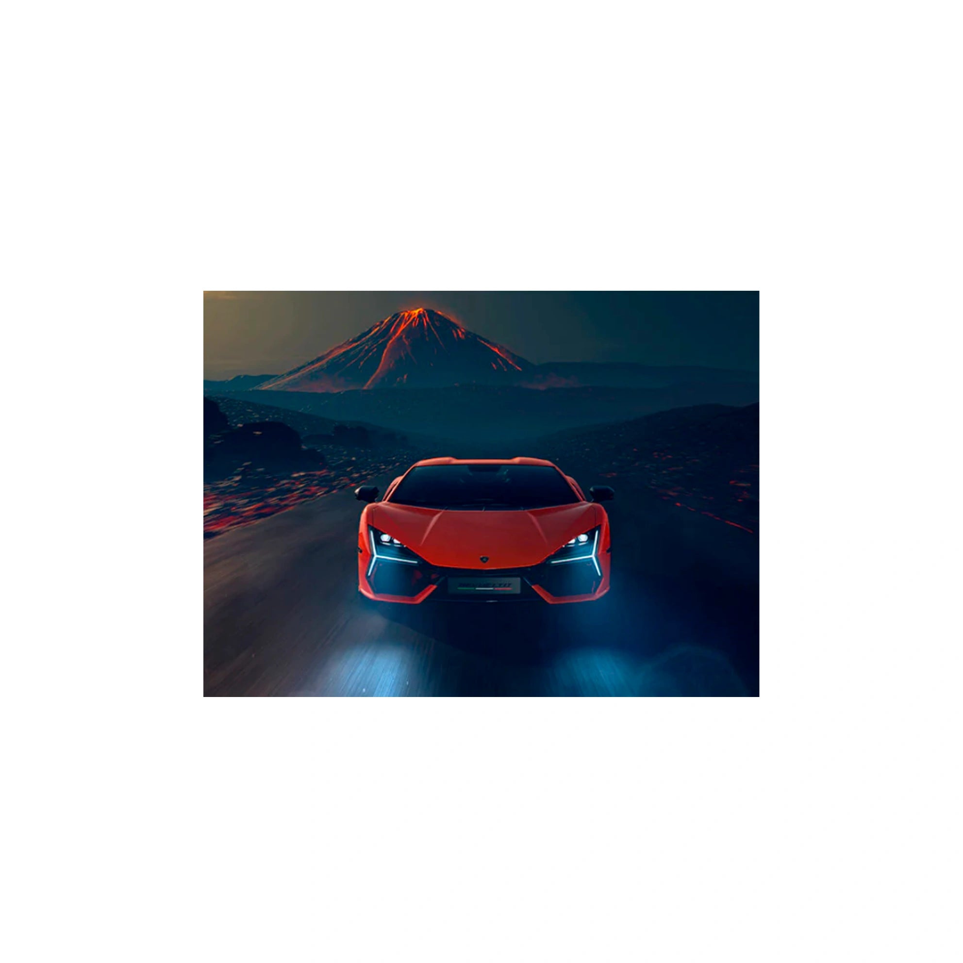 Leinwandbild, orangefarbener Lamborghini mit Vulkan im Hintergrund