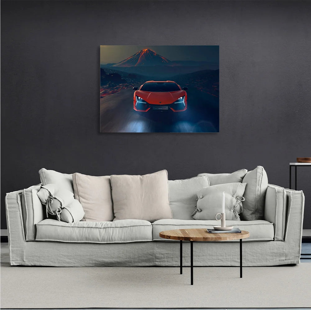 Leinwandbild, orangefarbener Lamborghini mit Vulkan im Hintergrund