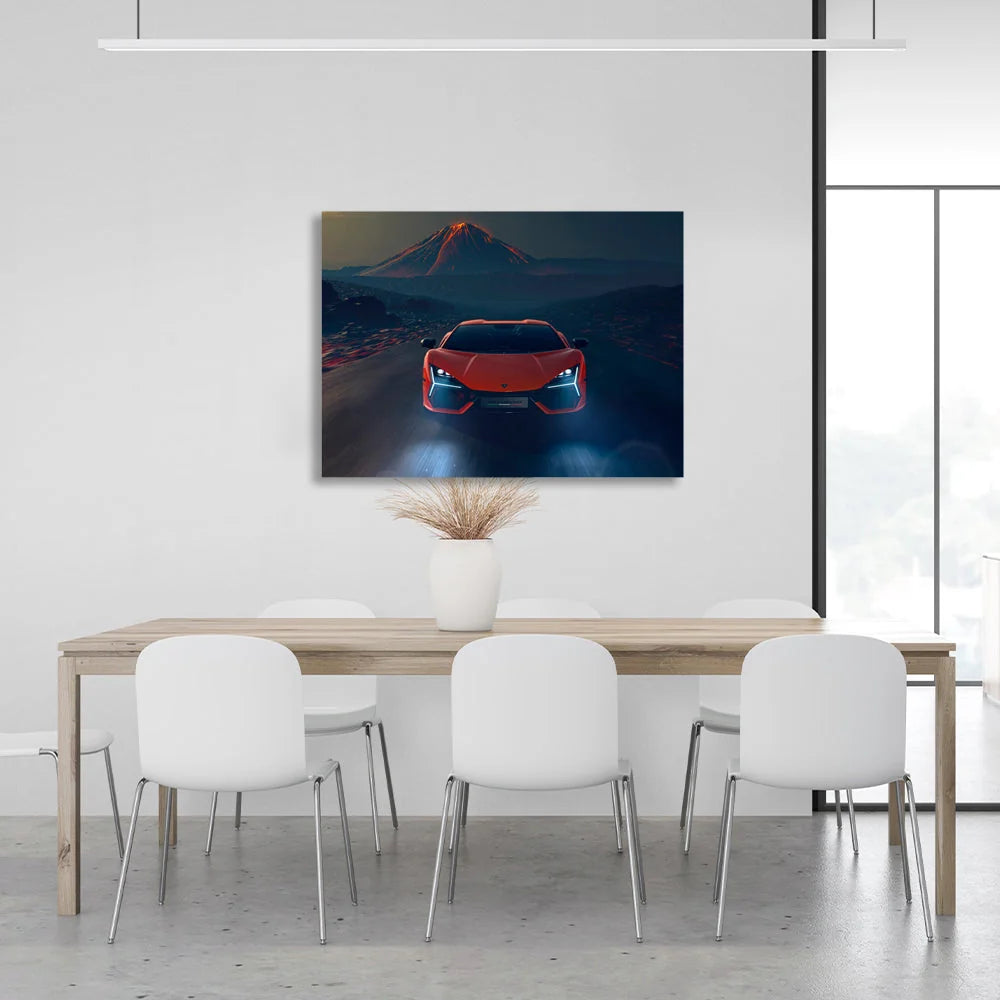 Leinwandbild, orangefarbener Lamborghini mit Vulkan im Hintergrund