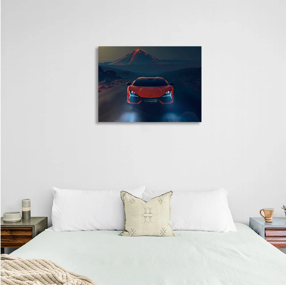 Leinwandbild, orangefarbener Lamborghini mit Vulkan im Hintergrund