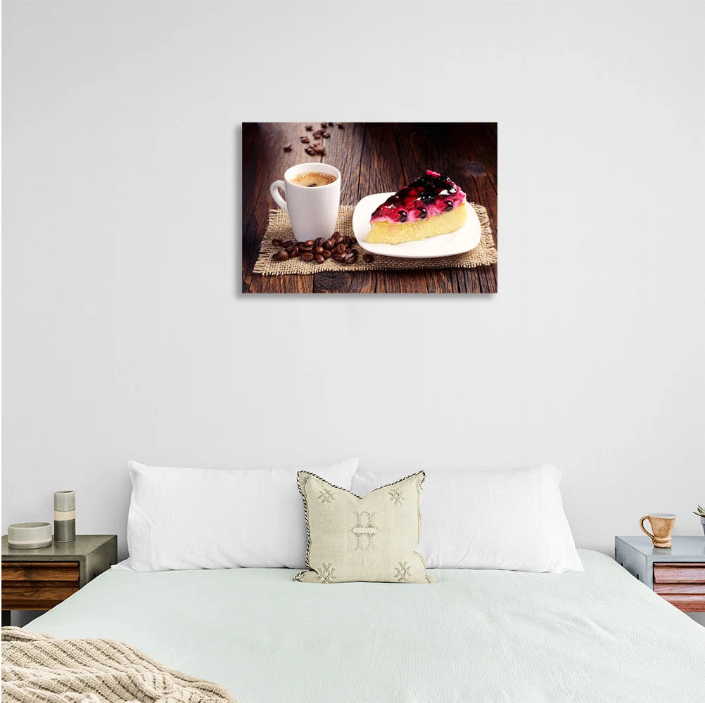 Leinwandbild mit Käsekuchen und Kaffee für die Küche. Leinwandbild als Wanddekoration für die Küche.