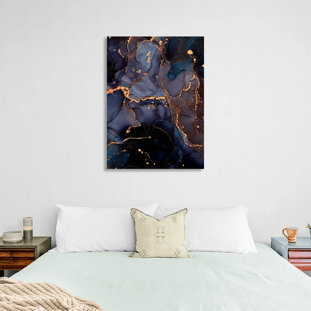 Dark blue abstract with gold elements Abstraction Canvas Wall Art Print