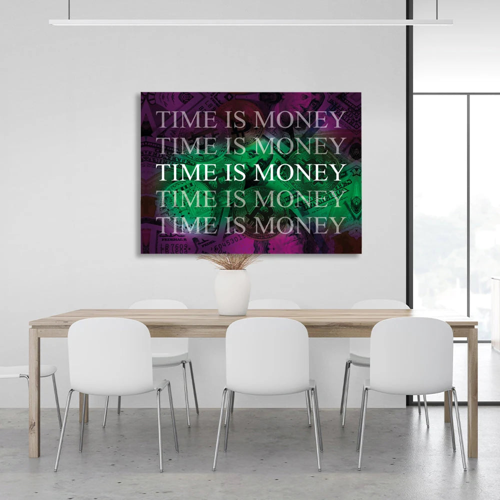 Dollar und Bitcoin Zeit ist Geld auf einem lila Hintergrund Inspirierender Leinwand-Kunstdruck