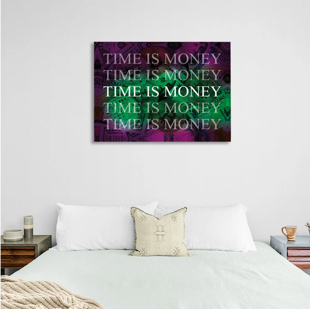 Dollar und Bitcoin Zeit ist Geld auf einem lila Hintergrund Inspirierender Leinwand-Kunstdruck