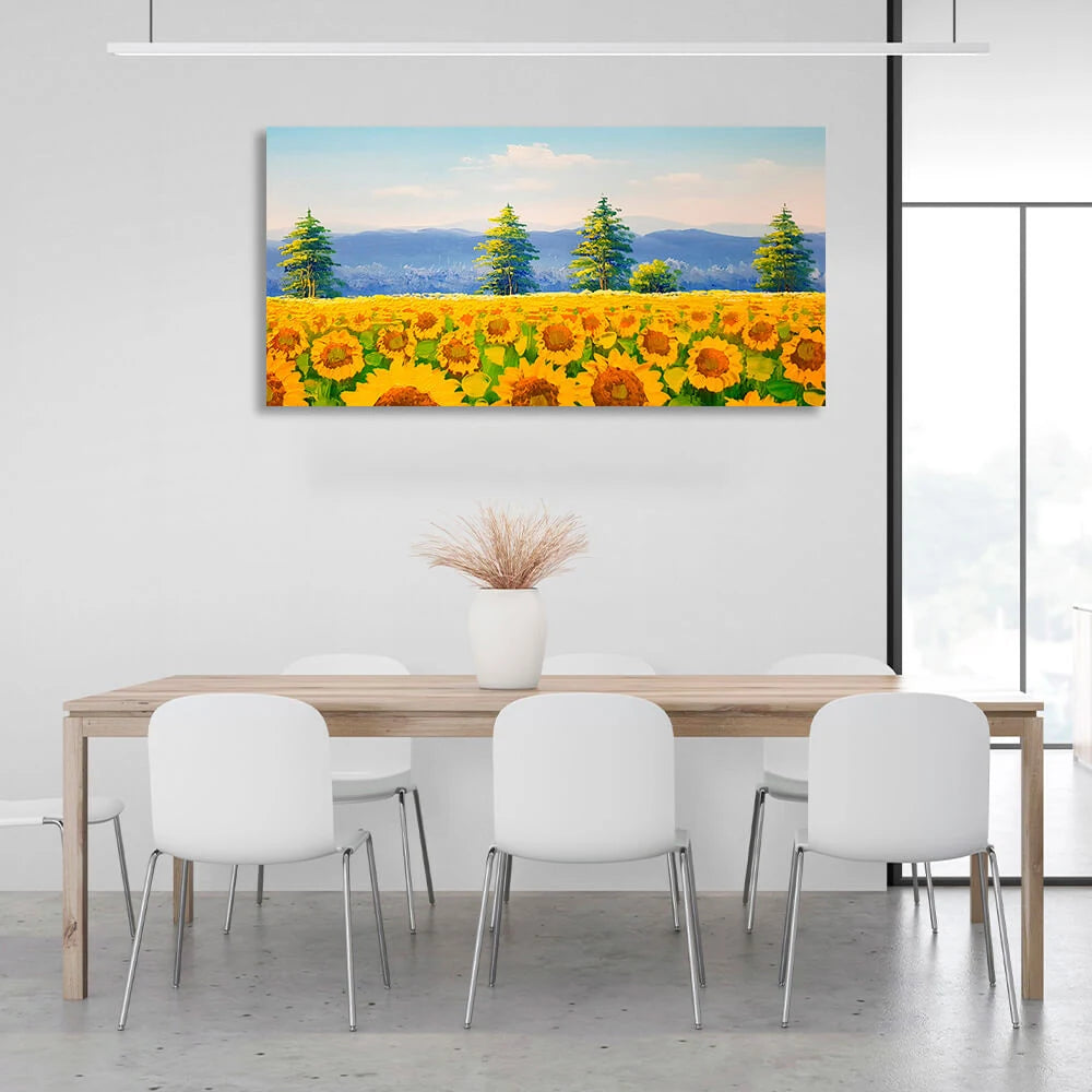Leinwandbild „Feld mit Sonnenblumen“, Pinselmalerei, Kunstdruck