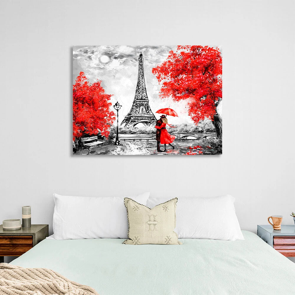 Eiffelturm, Herbst in Paris, Paar unter einem Regenschirm, Leinwandbild, Wandbild