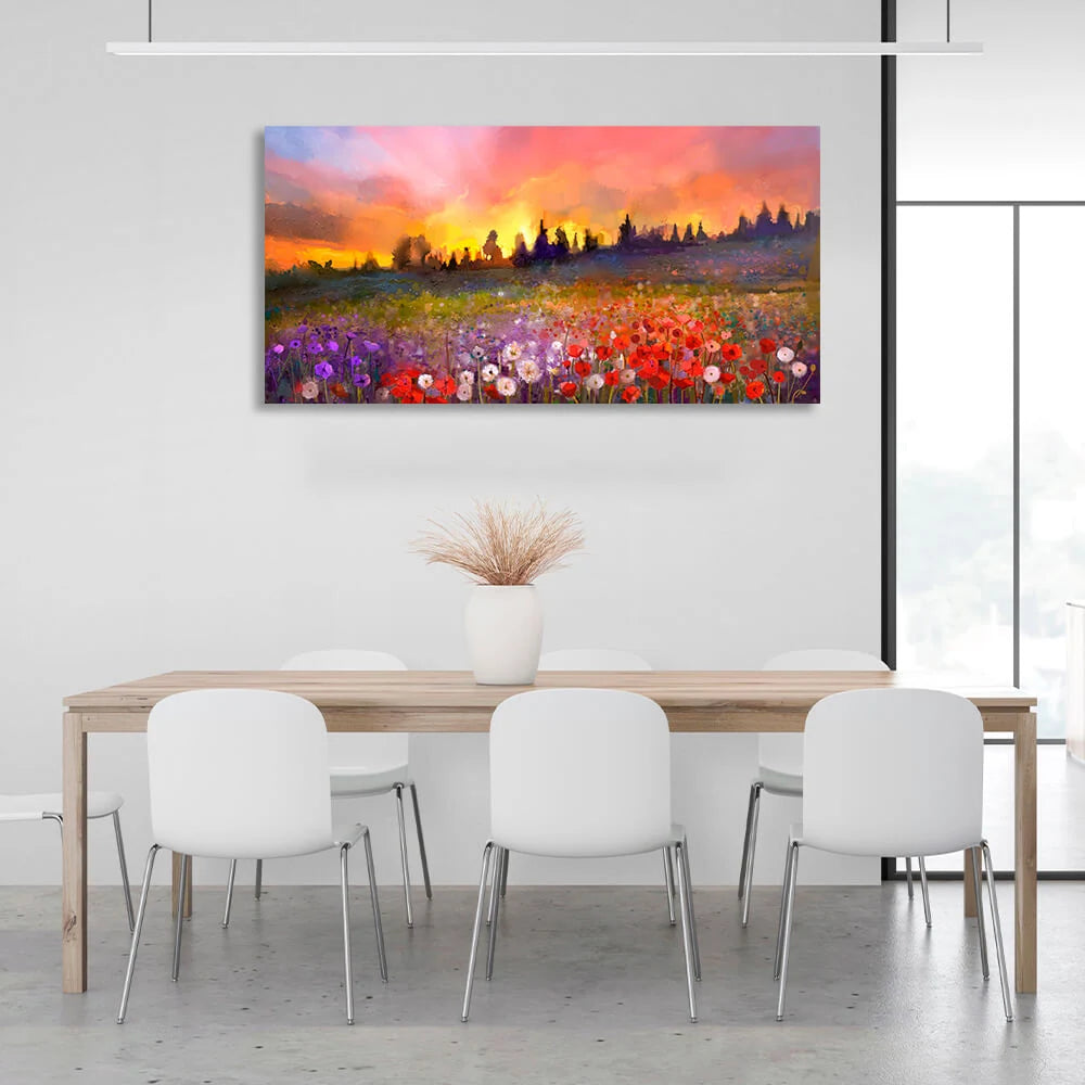 Für Zuhause Abendliches Blumenfeld Mohn, Löwenzahn, Veilchen Leinwandbild Wandbild