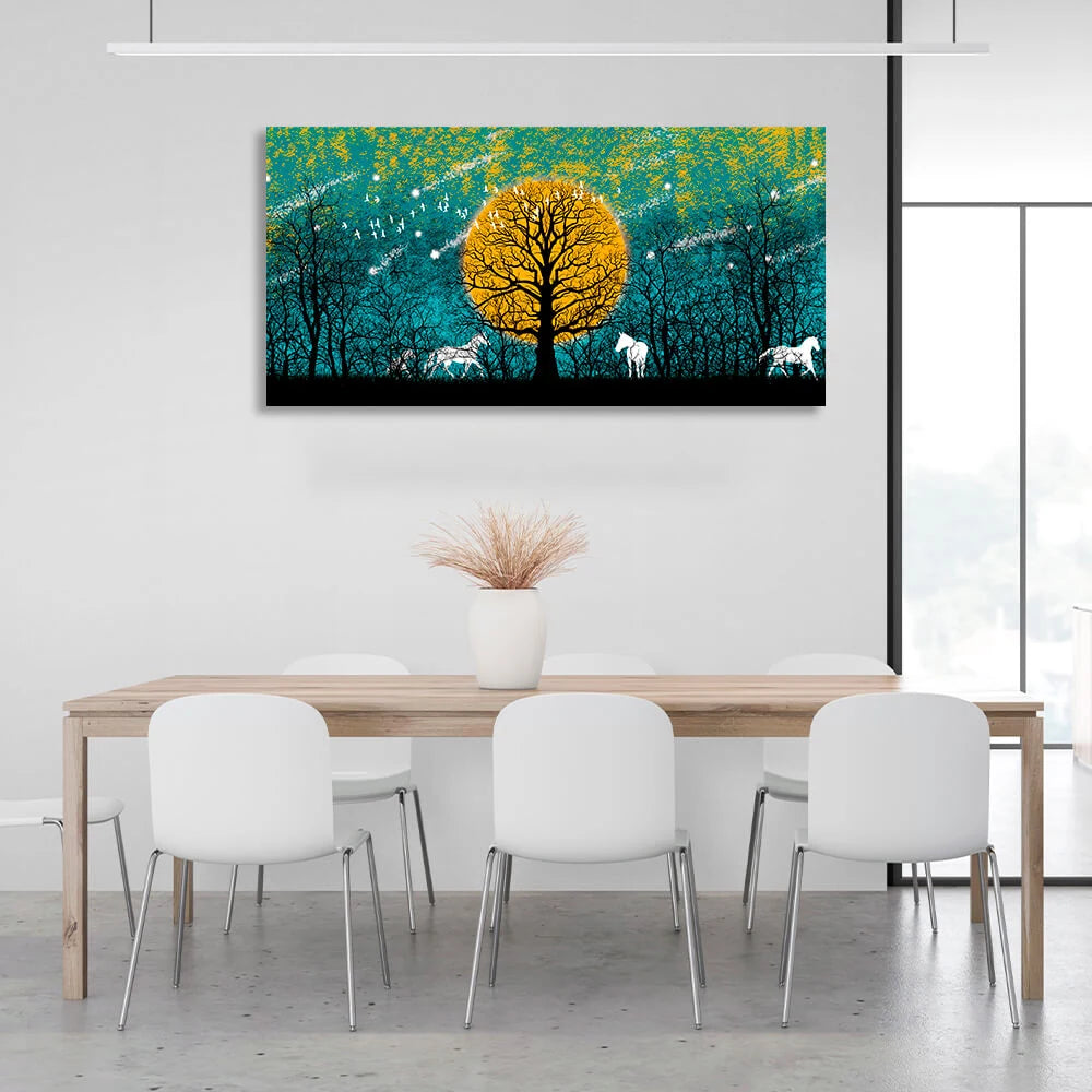 Für Zuhause: Leinwandbild „Wald, Pferde und Vögel“
