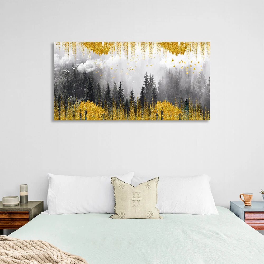 Kunstdruck auf Leinwand „Wald im Nebel“ mit goldenen Details