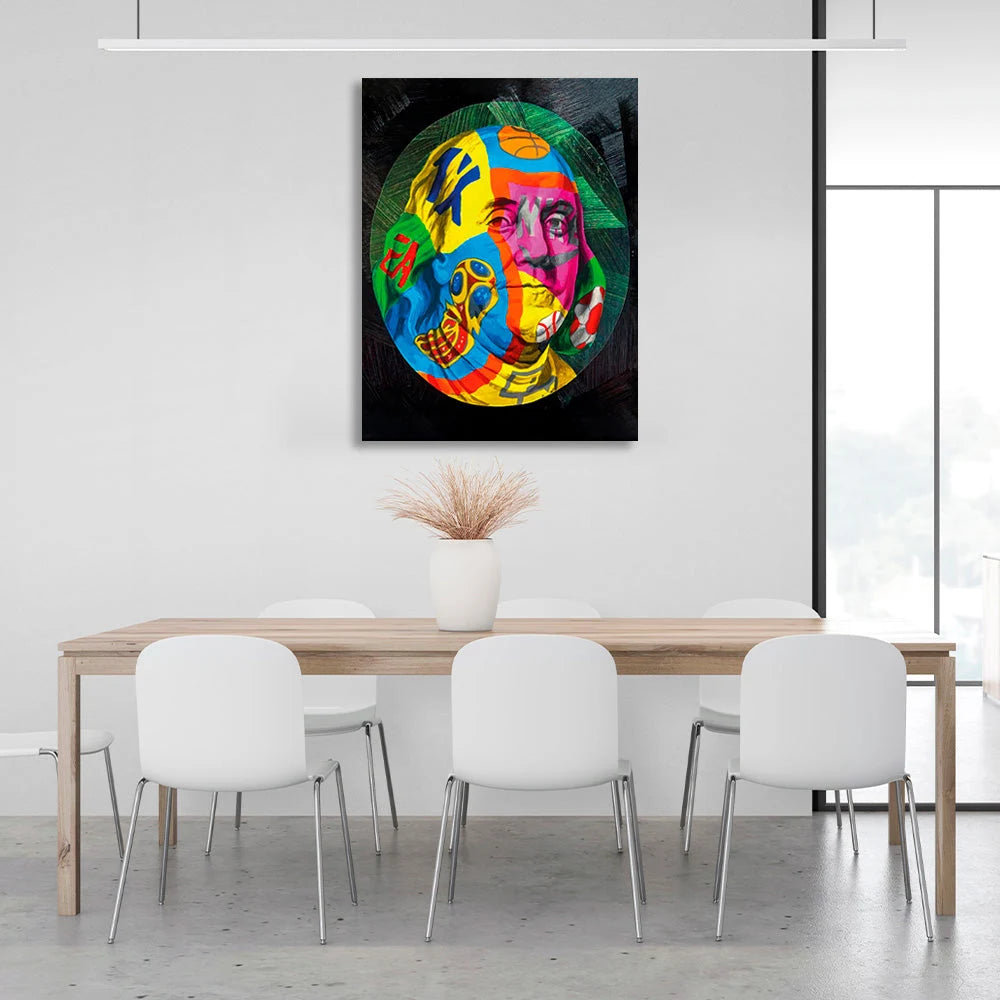 Franklin in einem Graffiti-Kreis auf schwarzem Hintergrund, inspirierender Kunstdruck auf Leinwand