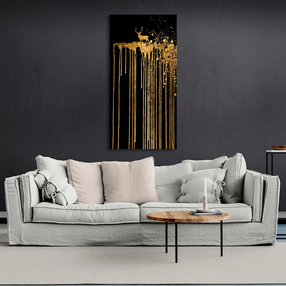 Gold deer with gold lines and spots on a black background Abstraction Canvas Wall Art Print