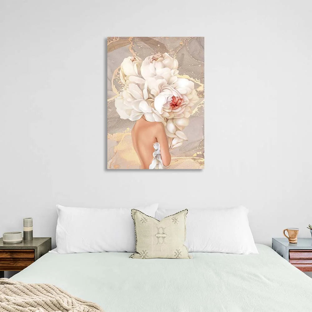 Kunstdruck auf Leinwand „Mädchen mit Blumen auf dem Kopf“ in Nude-Farben