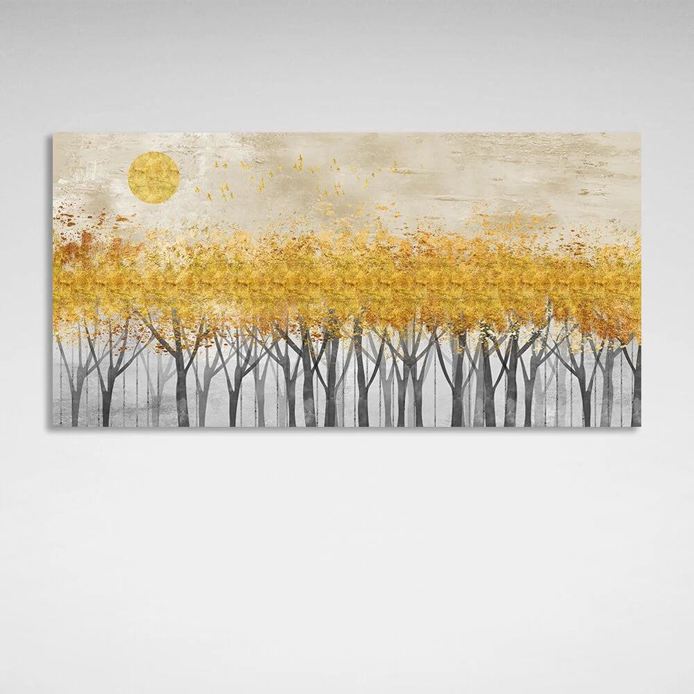 Leinwandbild „Graue Bäume mit goldenen Spitzen und Mondlicht“