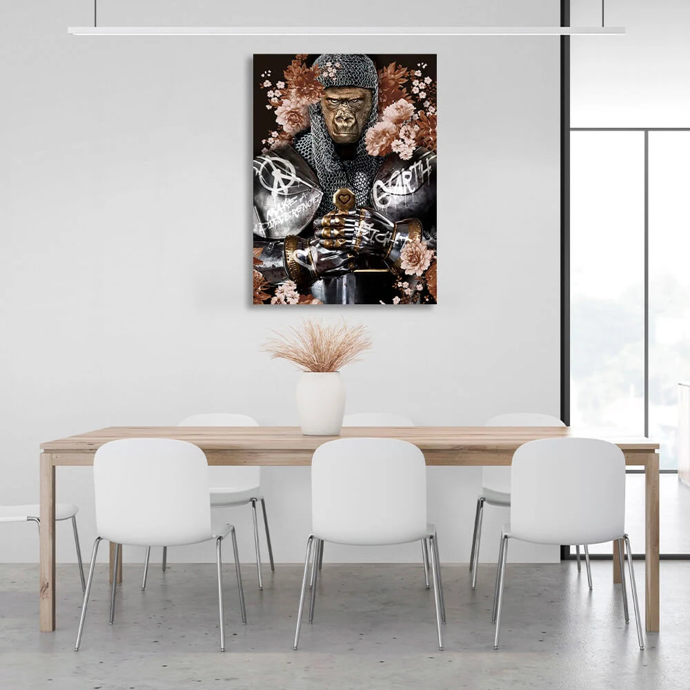 Gorila knight graphitti on black background with flowers Canvas Wall Art Print