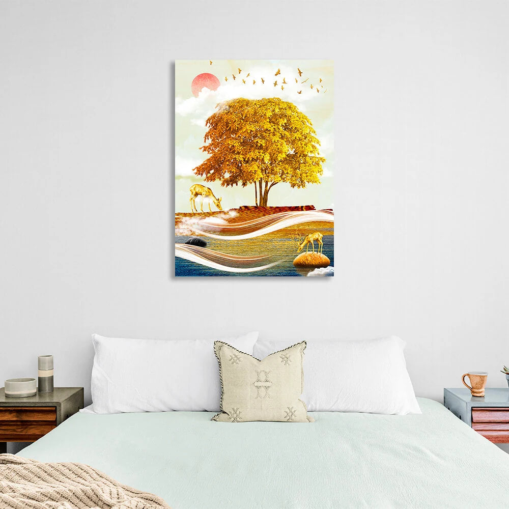 Goldener Baum mit goldenem Hirsch auf rotem Mondhintergrund, Kunstdruck auf Leinwand
