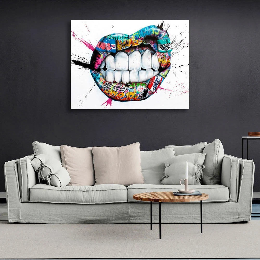 Graffiti-style lips on a white background with paint stains Canvas Wall Art Print
