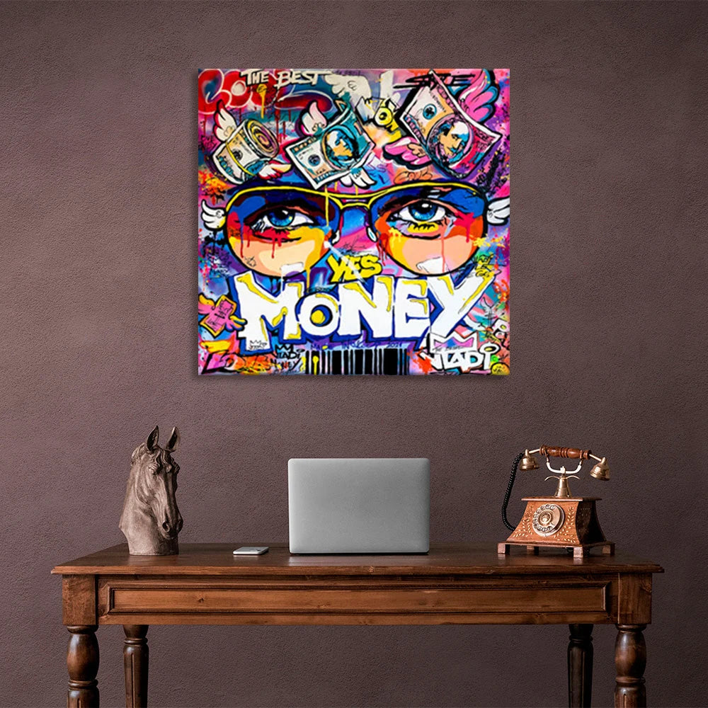 Graffiti mit der Aufschrift „Yes Money“ – inspirierender Kunstdruck auf Leinwand