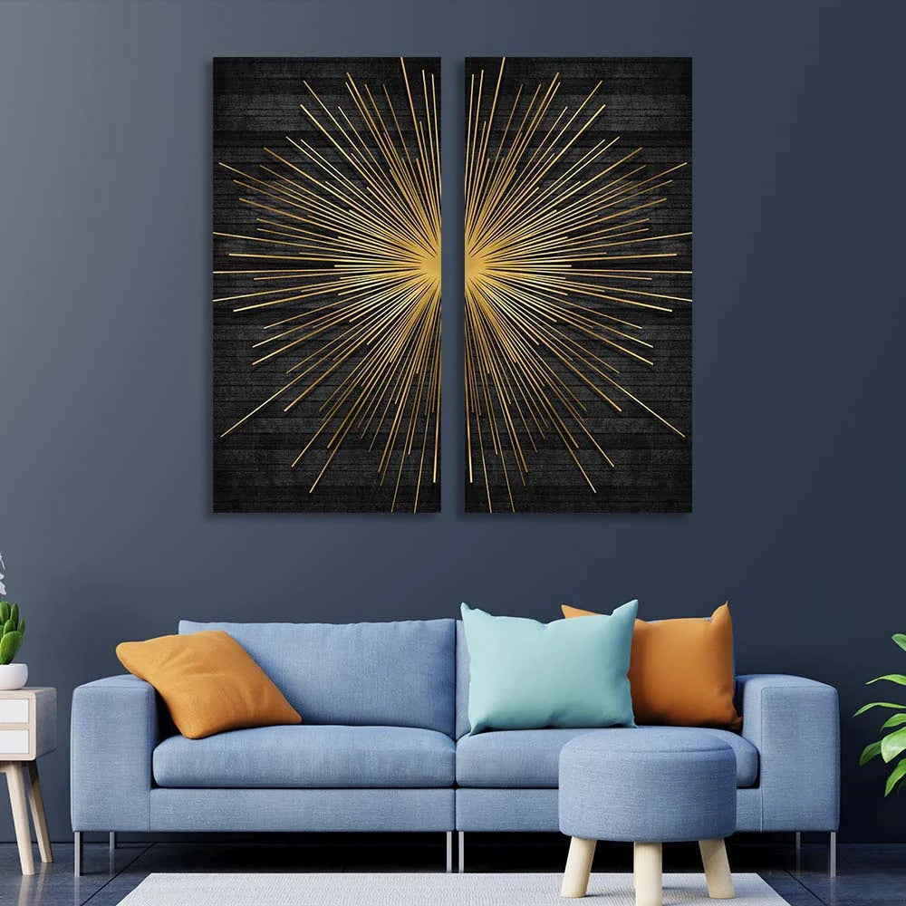 Goldene Strahlen auf dunklem Hintergrund, mehrteiliger Kunstdruck auf Leinwand