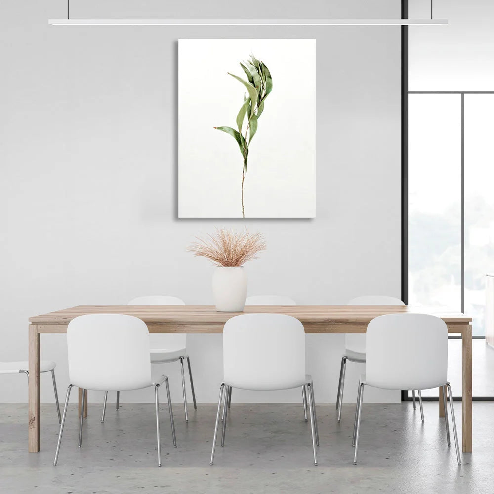 Kunstdruck auf Leinwand, grüner Zweig auf weißem Hintergrund