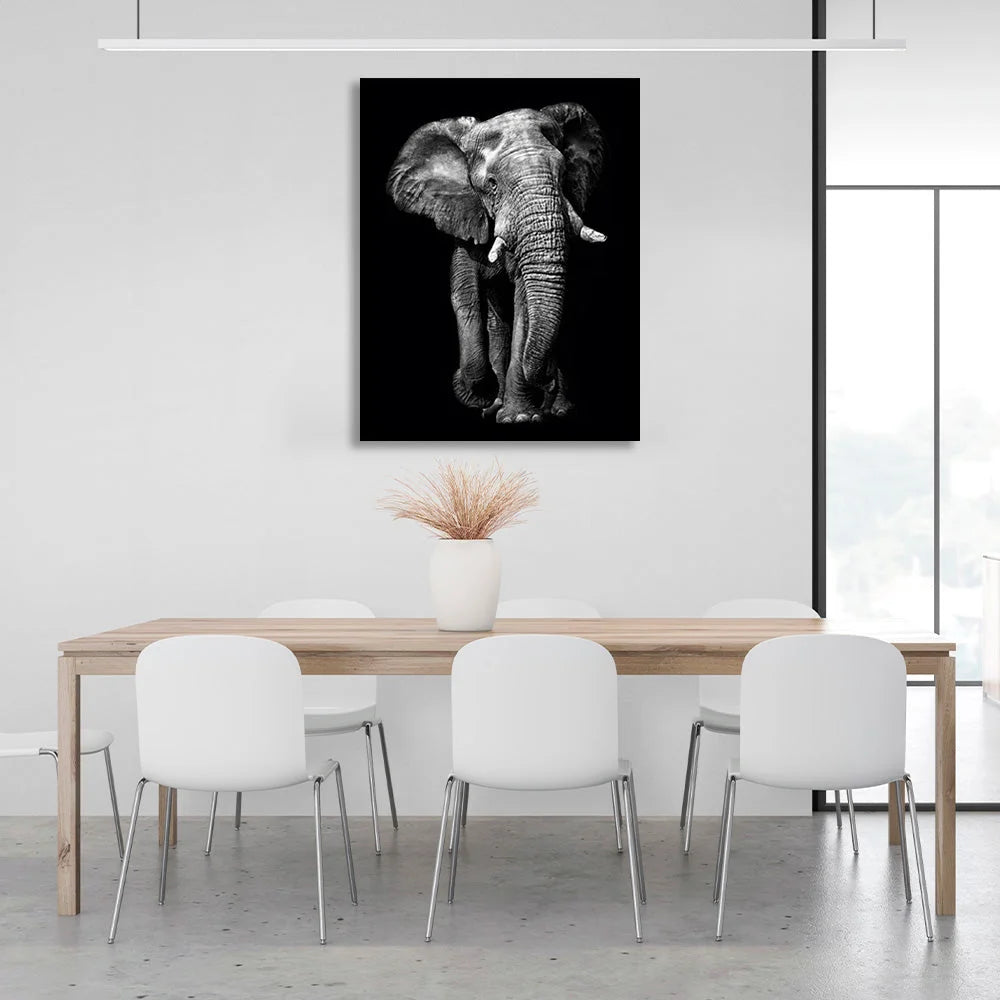 Riesiger Elefant auf schwarzem Hintergrund, Kunstdruck auf Leinwand