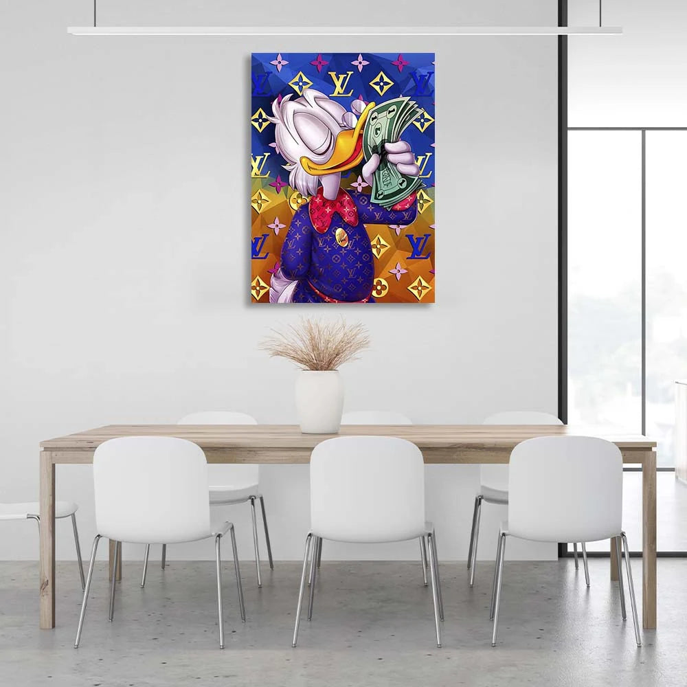 Inspirational Canvas Wall Art Print Scrooge with a bundle of dollars on a yellow and blue background Chanel
