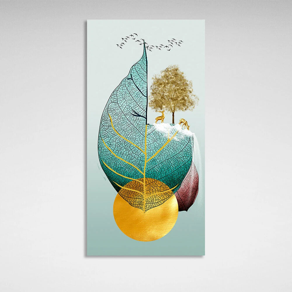 Leaf two deer tree and birds Abstraction Canvas Wall Art Print