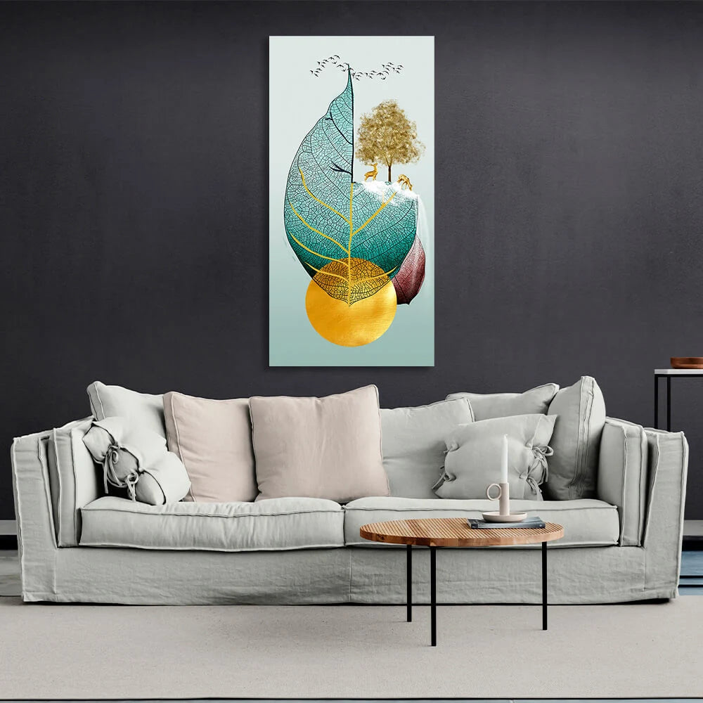 Leaf two deer tree and birds Abstraction Canvas Wall Art Print