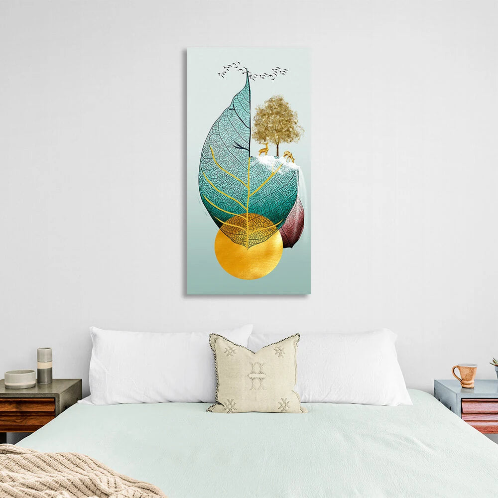 Leaf two deer tree and birds Abstraction Canvas Wall Art Print