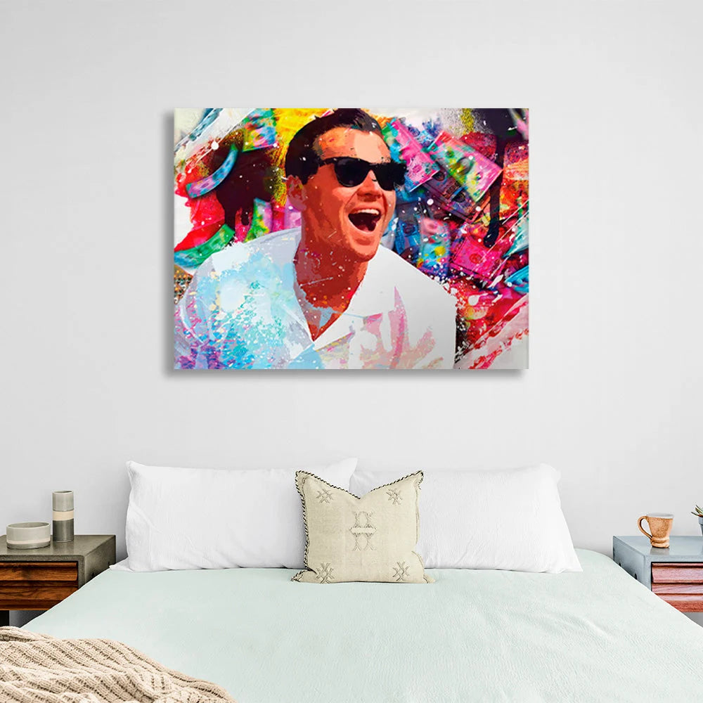 Leonardo DiCaprio trägt eine schwarze Sonnenbrille in verschiedenen Schattierungen. Motivierender Kunstdruck auf Leinwand.