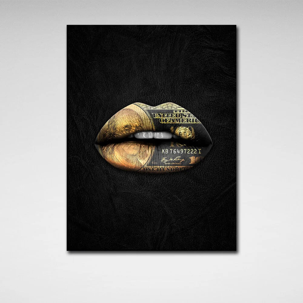 Lippen aus Gold mit einem Dollar Motivierender Kunstdruck auf Leinwand