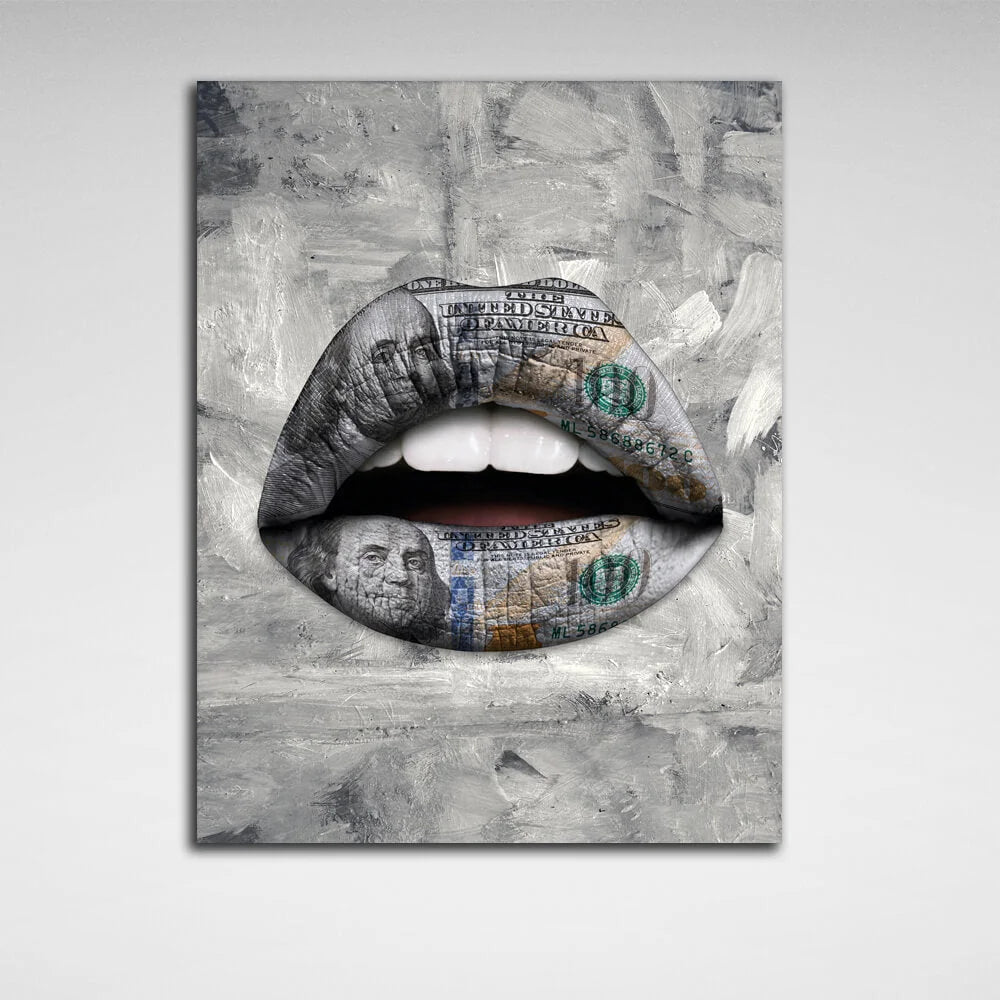 Kunstdruck auf Leinwand mit Lippen, weißer Dollar