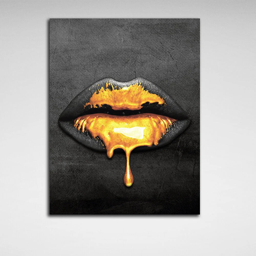 Lippen aus Gold Leinwand Wand Kunstdruck